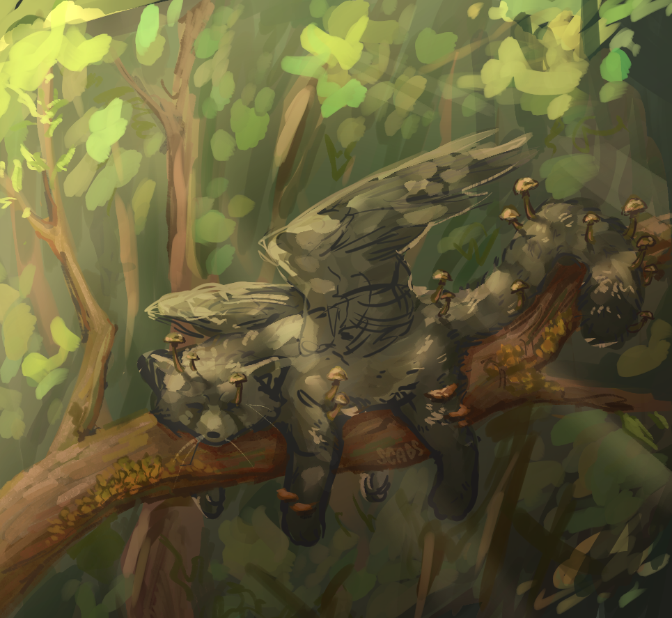 my fursona, trash, taking a nap on a branch